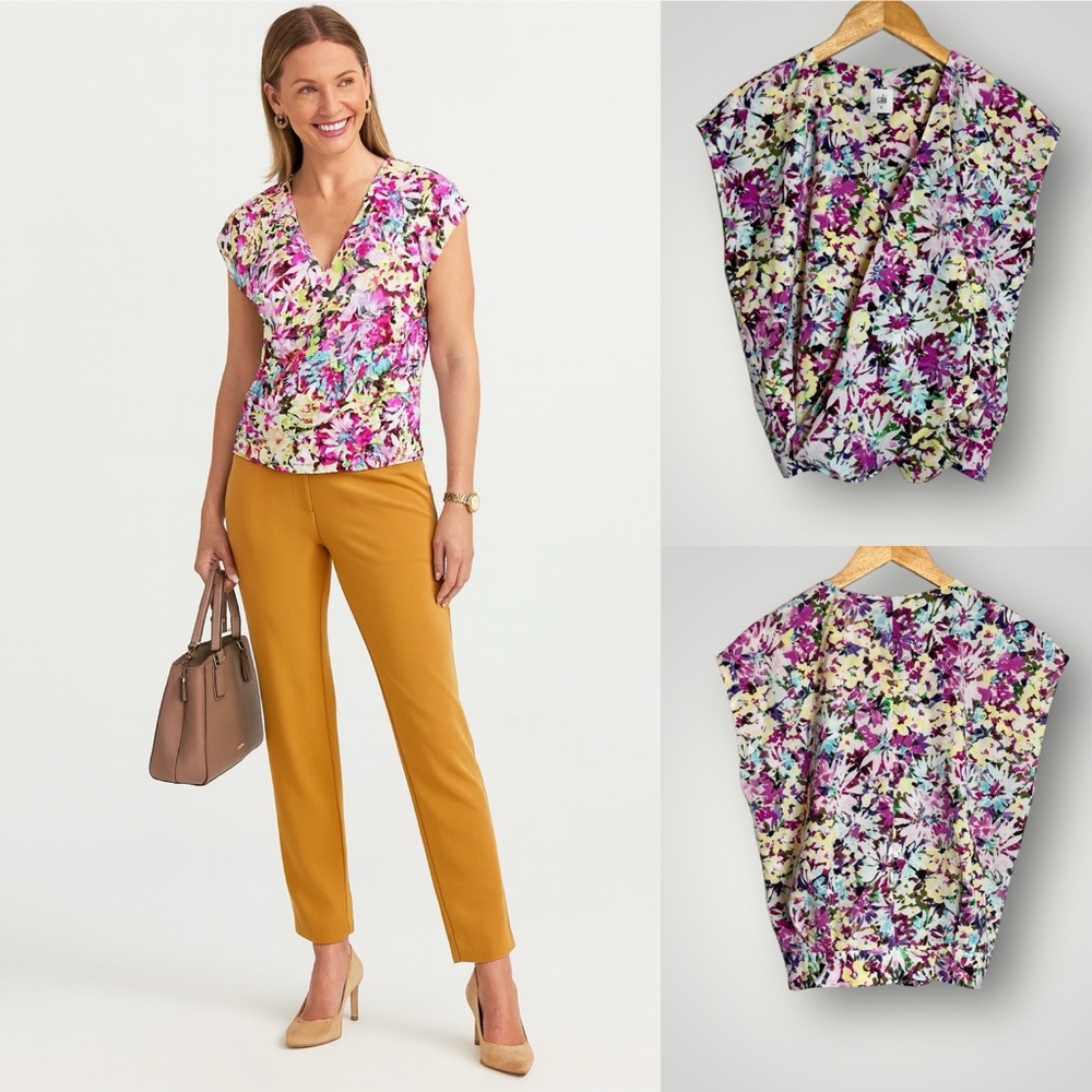 Cabi Eden Floral Faux Wrap Top Open Back Women Size Medium Cap Sleeve Blouse EUC